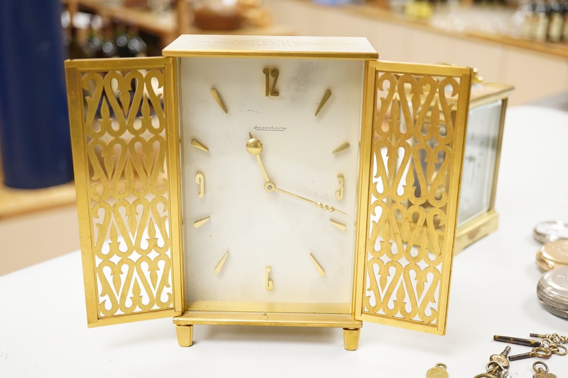 Two carriage clocks including a Jaeger LeCoultre(a.f), a 935 white metal fob watch, a gold plated open faced pocket watch, a 935 white metal 'The Westfield Lever' open faced pocket watch and a small quantity of watch key